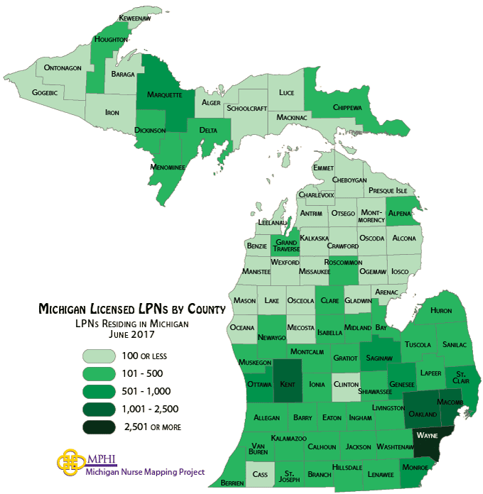 Michigan LPNs by county map